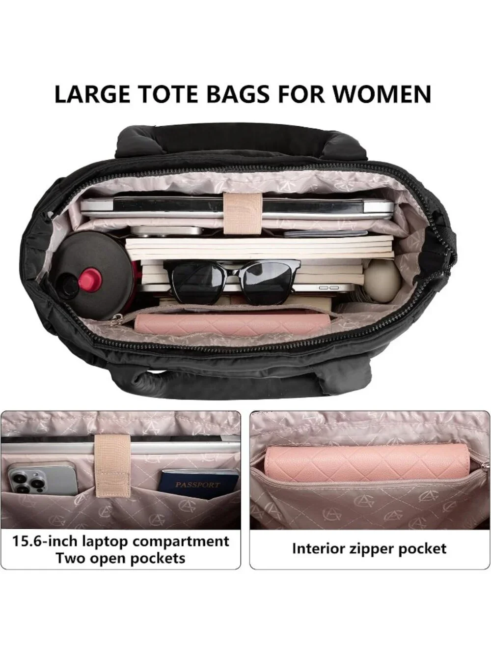 👜Women's Black Quilted Puffer Tote Bag Lightweight Work For Travel Handbags
